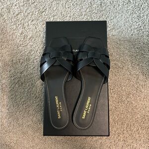 Saint Laurent Black Leather Slide Sandals